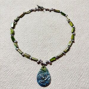 Grey Fresh Water Pearls Green Blue Beaded Wave Teardrop Pendant Necklace